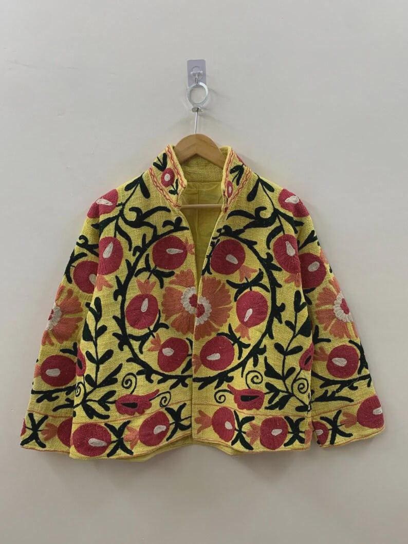 Embroidered Cotton Velvet Jacket | Floral Folk Art Suzani Duster, Bohemian Style Bohozani