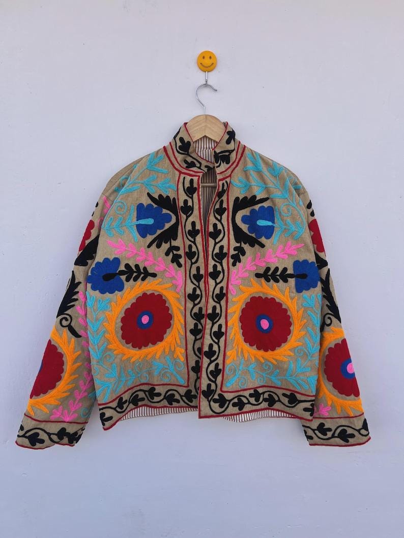 Bohemian Cotton Velvet Suzani Embroidered Jacket, Floral Folk Art Coat Bohozani