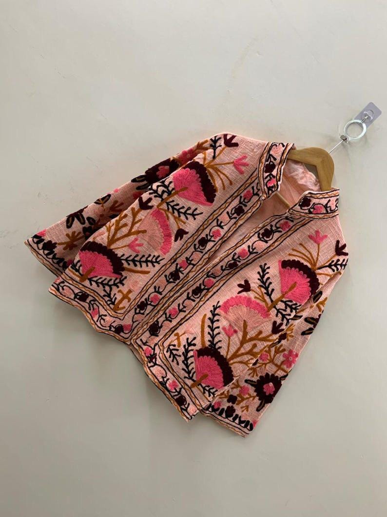 Embroidered Cotton Velvet Suzani Jacket, Bohemian Floral Folk Art Coat Bohozani
