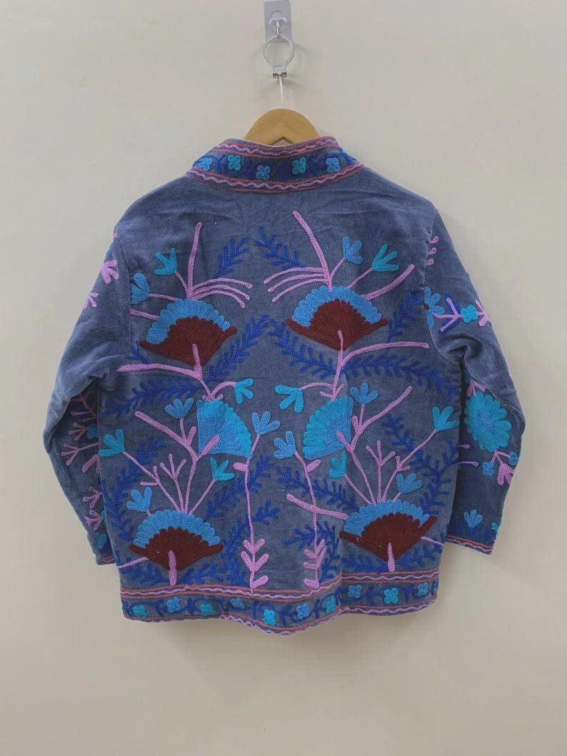 NEW COLLECTION Blue Hand-Embroidered Velvet Suzani Jacket – Boho Ethnic Kimono Outerwear Mother's Day Gift Bohozani