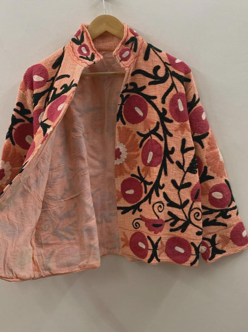 Bohemian Suzani Embroidered Cotton Jacket, Floral Folk Art Short Coat Bohozani