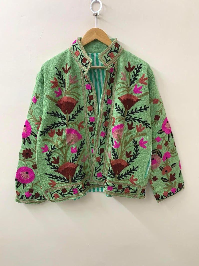 Embroidered Velvet Jacket, Green Floral Suzani Outerwear, Bohemian Style Coat Bohozani