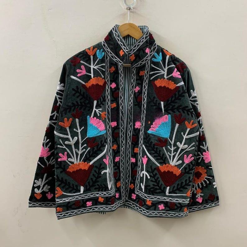 Suzani Embroidered Velvet Cropped Jacket | Bohemian Festival Coat Bohozani