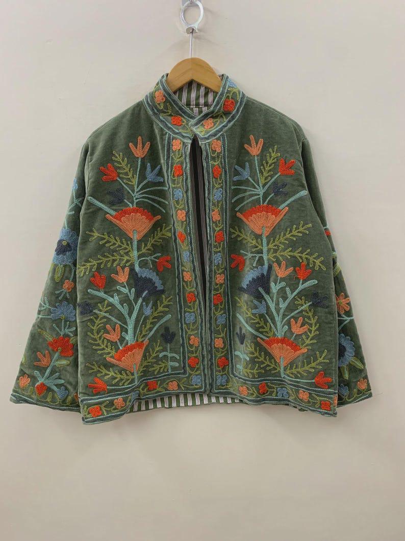 NEW COLLECTION Green Hand-Embroidered Velvet Suzani Jacket – Boho Ethnic Kimono Outerwear Gifr For Mom Bohozani