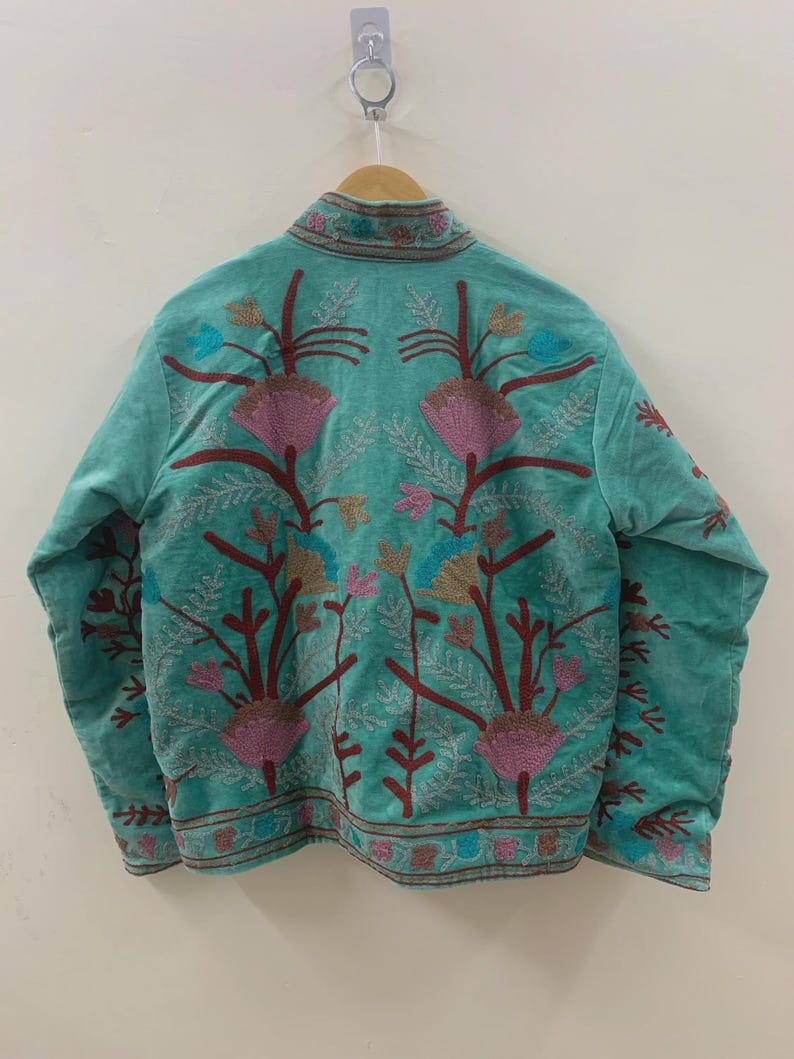 Green Velvet Floral Suzani Embroidered Jacket | Uzbek Boho Festival Duster Outerwear Bohozani