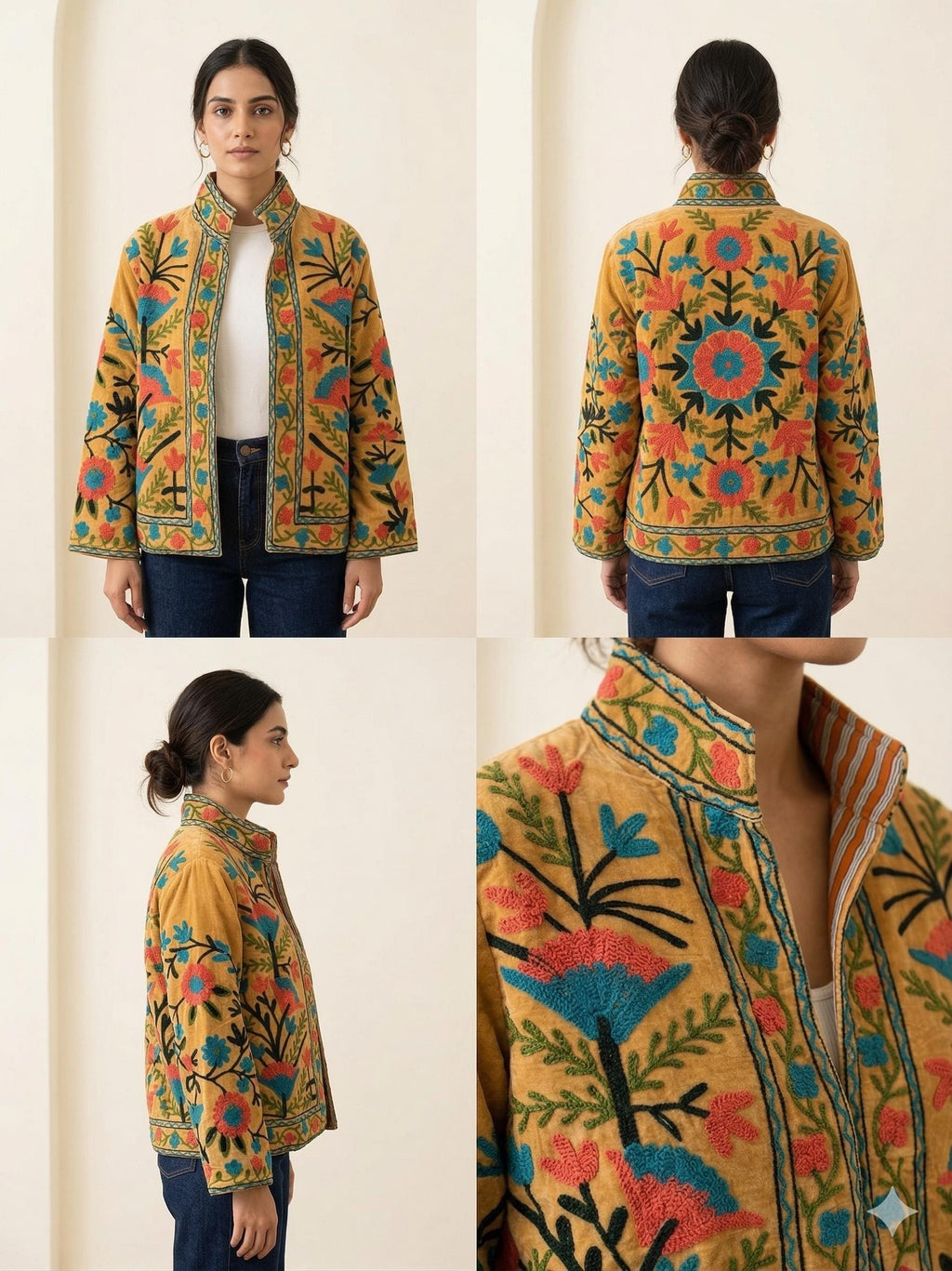 Yellow Velvet Suzani Jacket – Hand-Embroidered Boho Ethnic Kimono Outerwear Bohozani