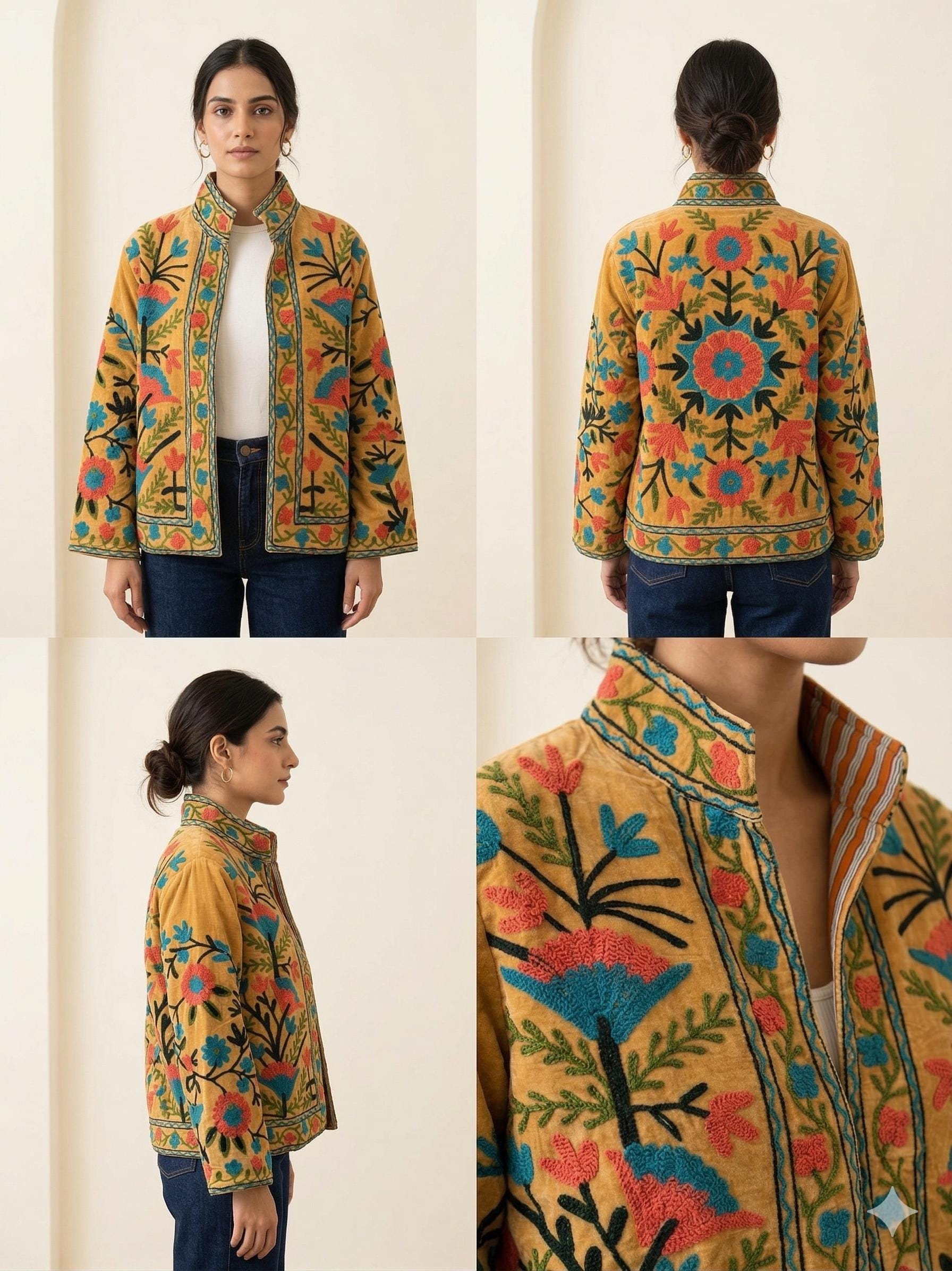 Yellow Velvet Suzani Jacket – Hand-Embroidered Boho Ethnic Kimono Outerwear Bohozani