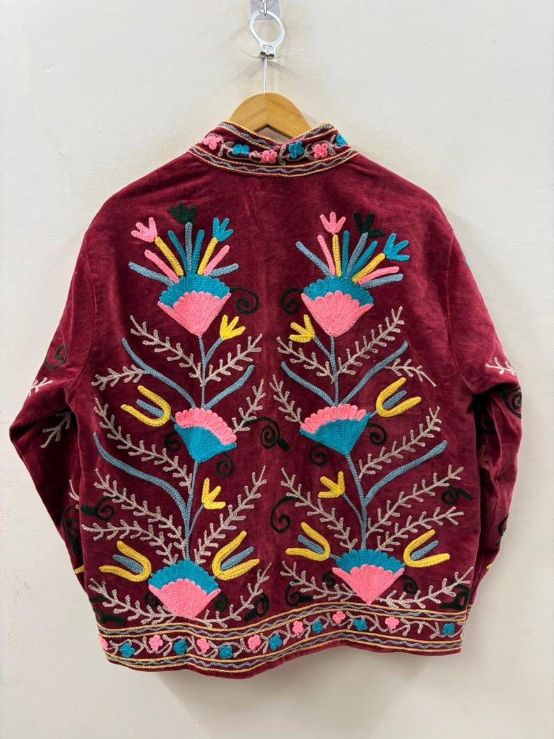 Handmade Wine Velvet Suzani Embroidered Jacket Bohozani