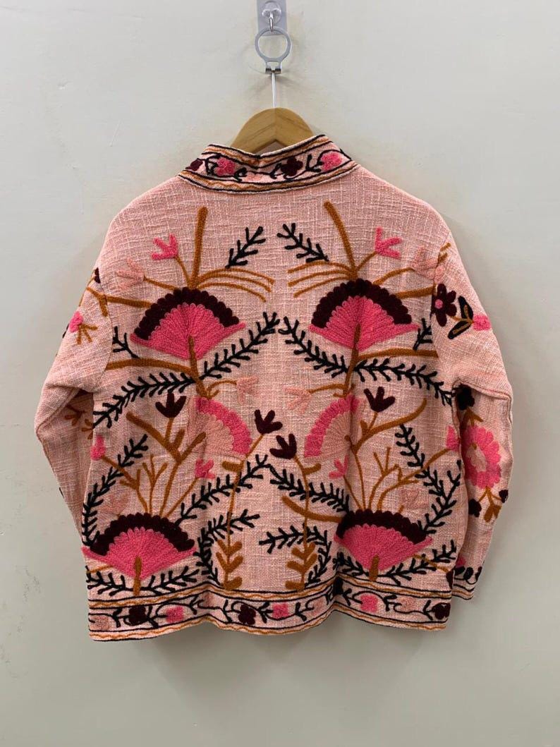 Embroidered Cotton Velvet Suzani Jacket, Bohemian Floral Folk Art Coat Bohozani