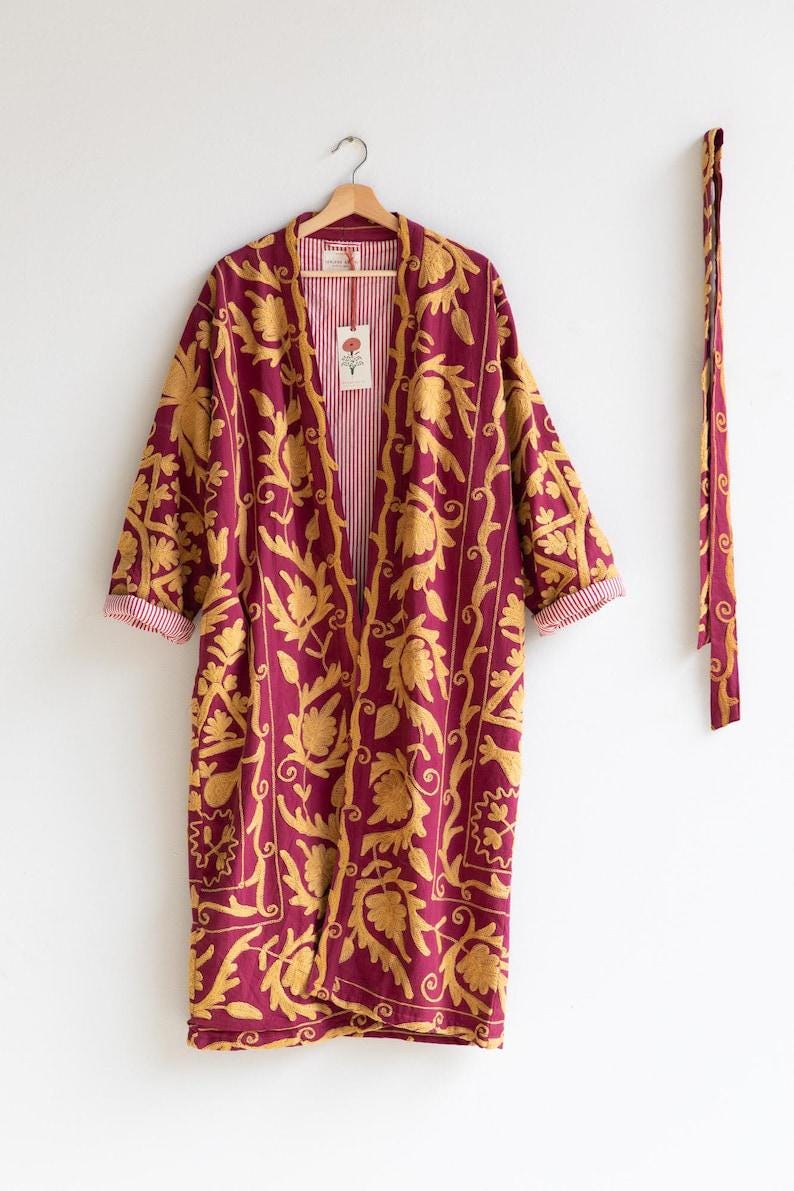 Hand Embroidered Suzani Kaftan – Organic Cotton Boho Kimono Coat Bohozani