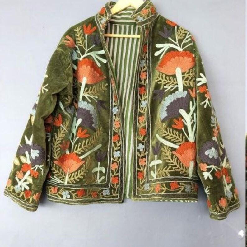 Green Velvet Suzani Embroidered Jacket | Bohemian Chic Coat Bohozani