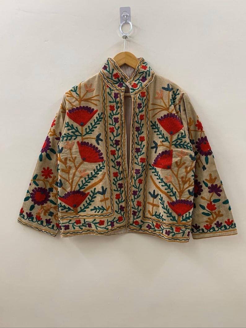 Beige Velvet Suzani Floral Embroidered Jacket | Boho Cropped Outerwear Bohozani