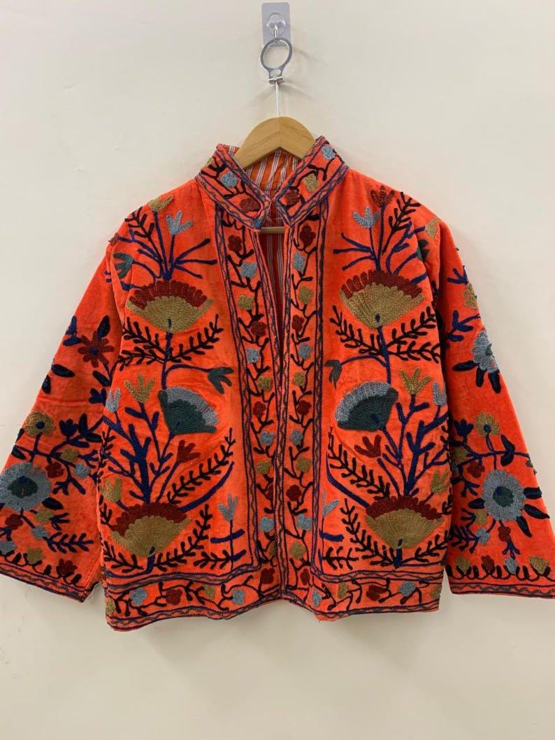 Red Velvet Suzani Embroidered Kimono Jacket | Boho Outerwear Bohozani