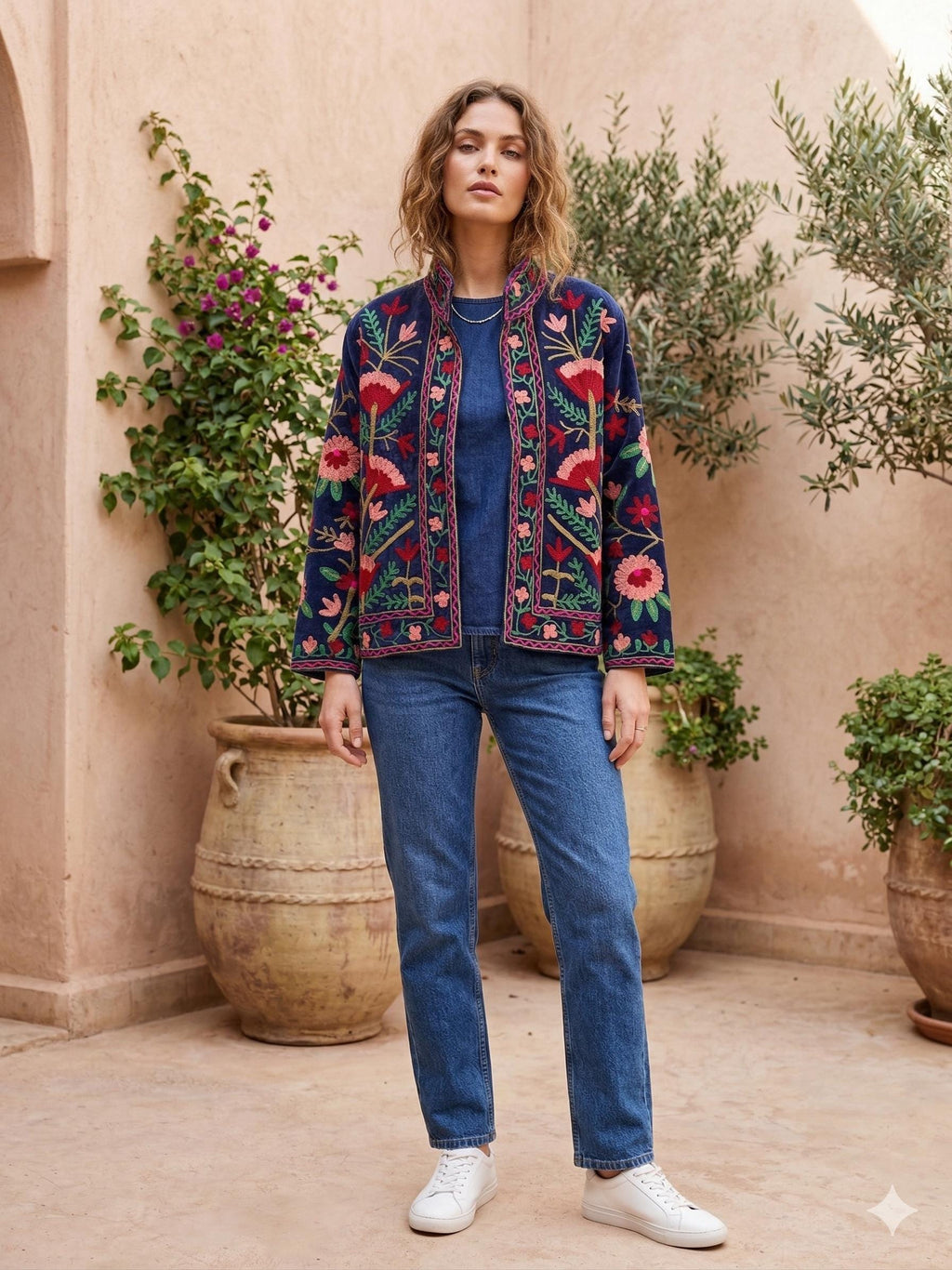 Handmade Velvet Suzani Jacket, Floral Embroidered Bohemian Kimono Coat Bohozani
