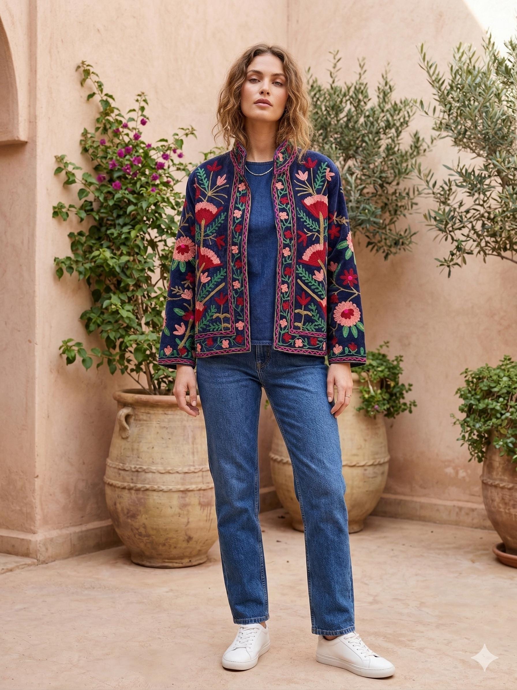 Handmade Velvet Suzani Jacket, Floral Embroidered Bohemian Kimono Coat Bohozani