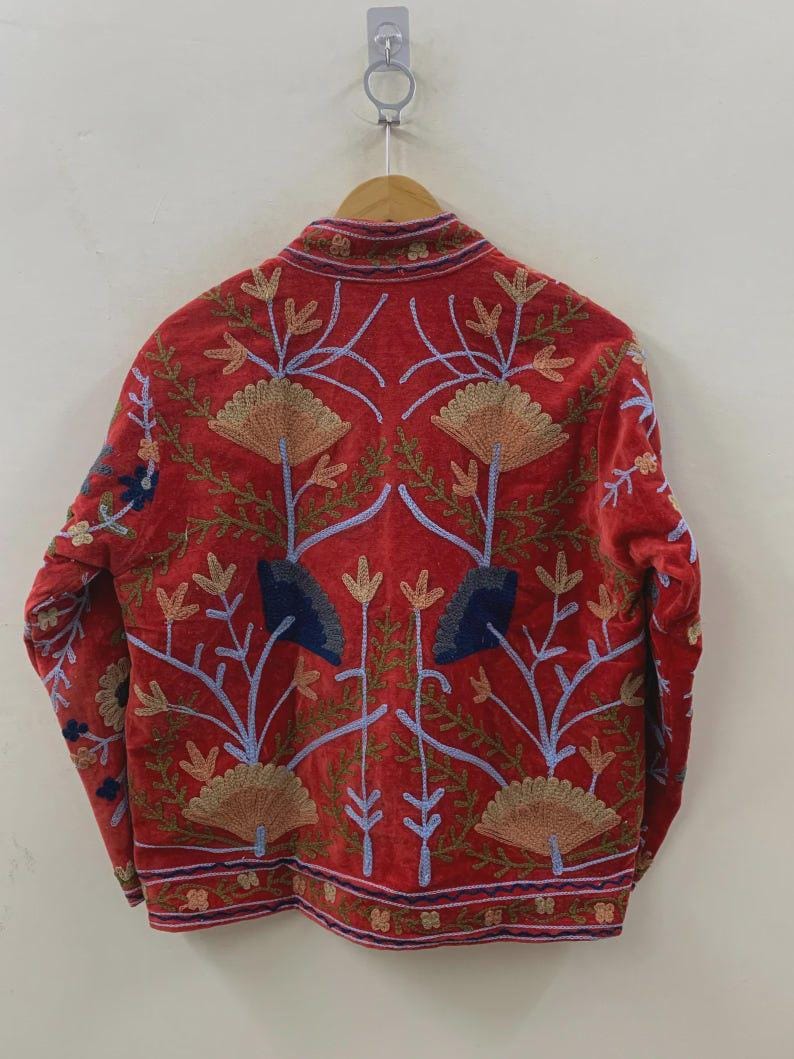 Red Velvet Suzani Jacket – Hand-Embroidered Boho Ethnic Kimono Outerwear Bohozani