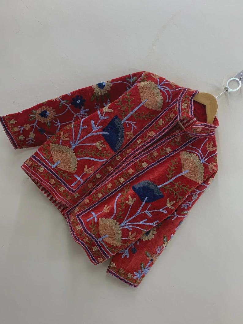 Red Velvet Suzani Jacket – Hand-Embroidered Boho Ethnic Kimono Outerwear Bohozani