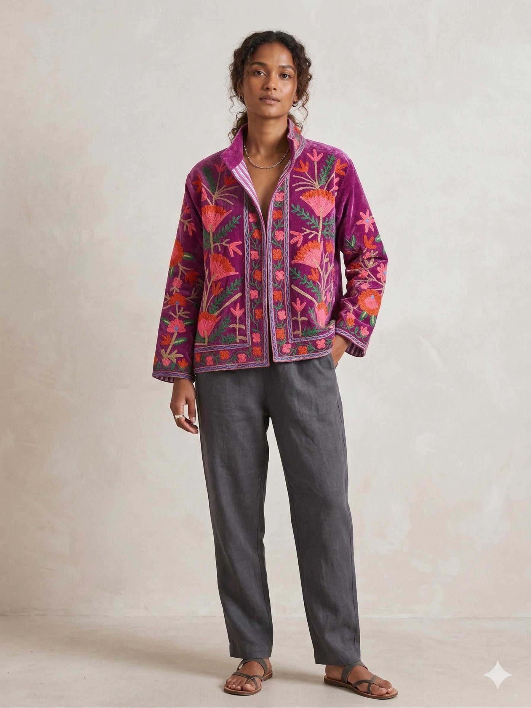 Coachella Festival Style Girl Jean Jacket, The Back is Decorated with Embroidered Rose Flower Patterns Bohozani