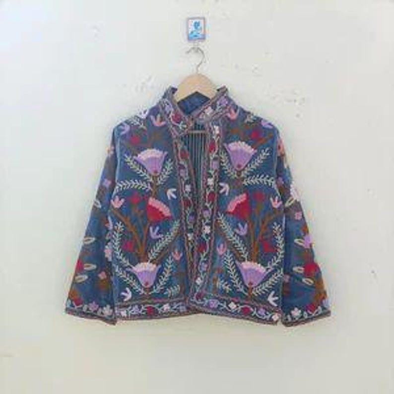 Floral Suzani Velvet Jacket, Hand-Embroidered Boho Ethnic Chic Outerwear Bohozani