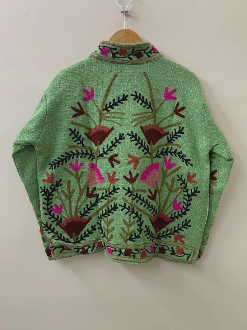 Embroidered Velvet Jacket, Green Floral Suzani Outerwear, Bohemian Style Coat Bohozani