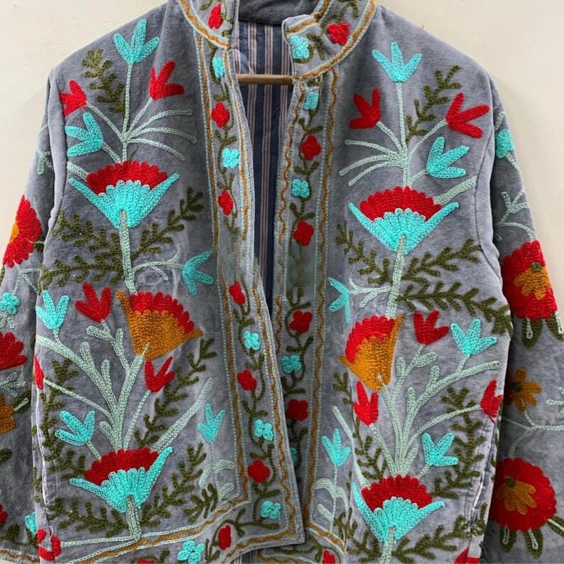 Grey Suzani Velvet Jacket | Embroidered Floral Folk Art Coat Bohozani