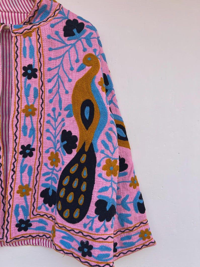 Pink Peacock Embroidered Suzani Jacket | Vibrant Boho Duster | Gift For Her Bohozani