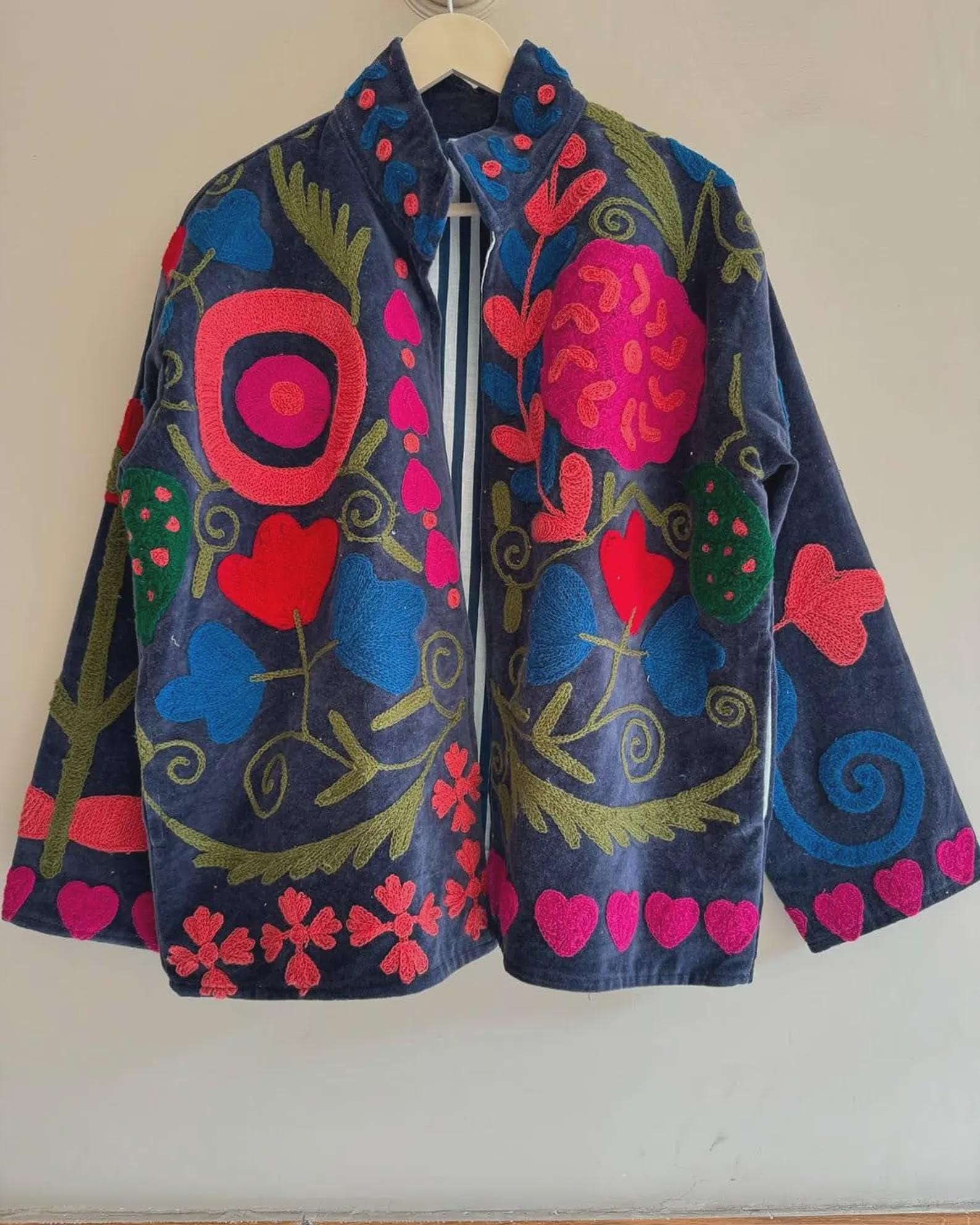 Vintage Suzani Velvet Jacket | Uzbek Floral Embroidered Boho Coat Bohozani