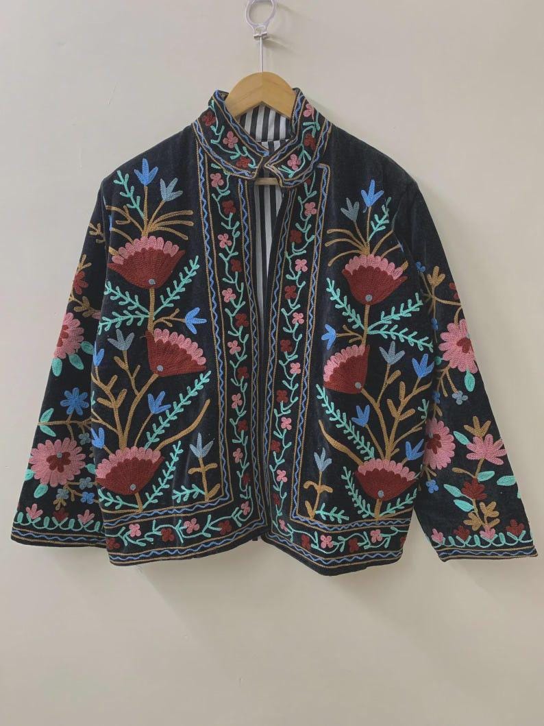 Bohemian Suzani Embroidered Velvet Jacket | Short Floral Ethnic Kimono Coat Bohozani