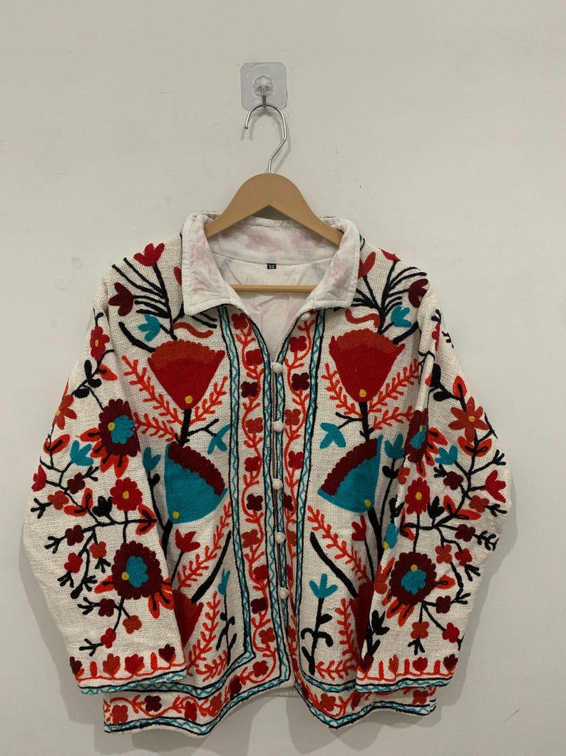 Hand Embroidered Floral Velvet Suzani Jacket, Warm Winter Coat Bohozani
