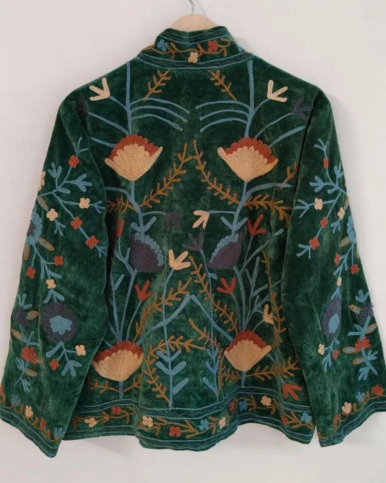 Green Velvet Suzani Embroidered Coat | Boho Folk Jacket Bohozani