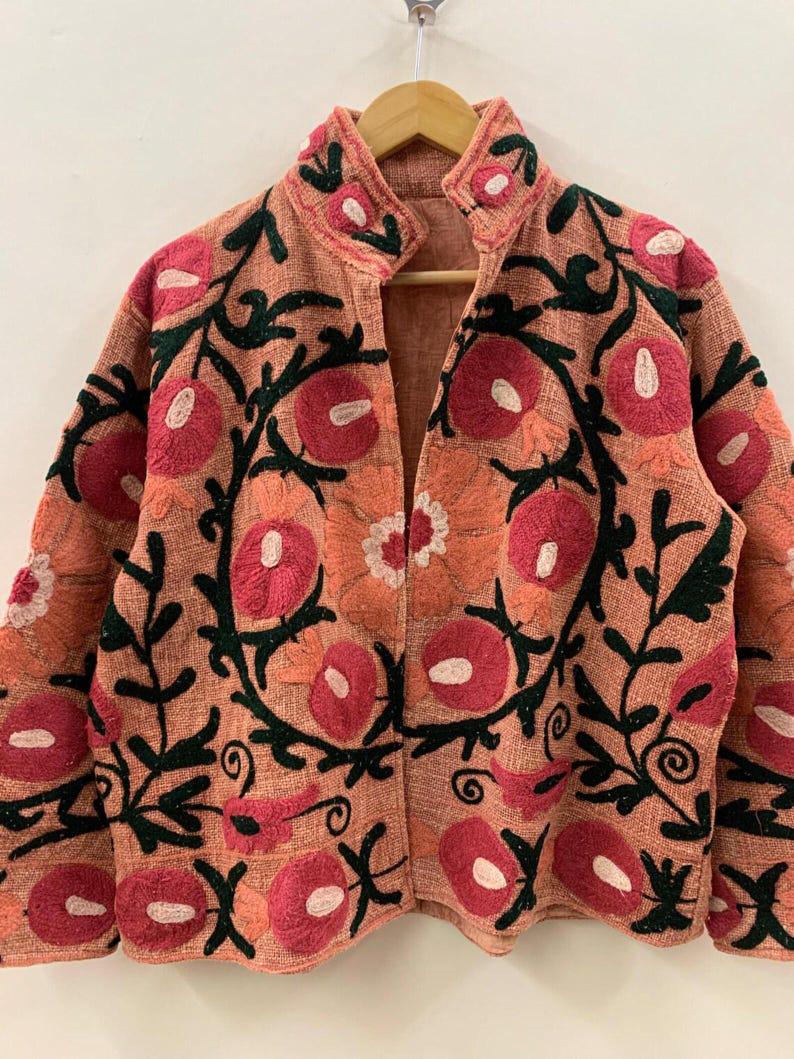 Embroidered Cotton Velvet Suzani Jacket, Floral Folk Art Boho Coat Bohozani