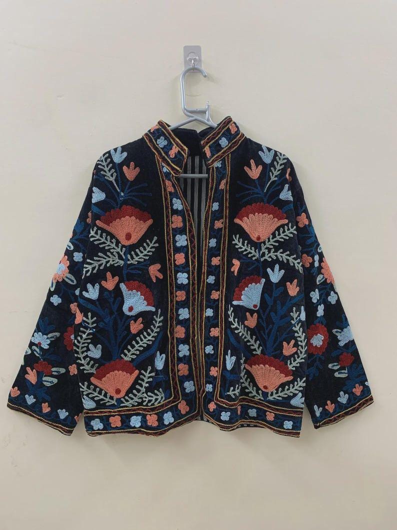Grey Suzani Velvet Jacket | Embroidered Floral Folk Art Coat Bohozani