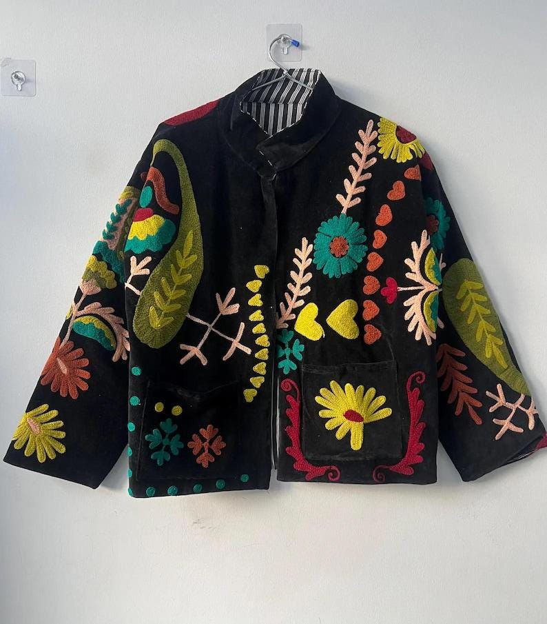 Handmade Velvet Suzani Jacket | Embroidered Boho Coat Bohozani