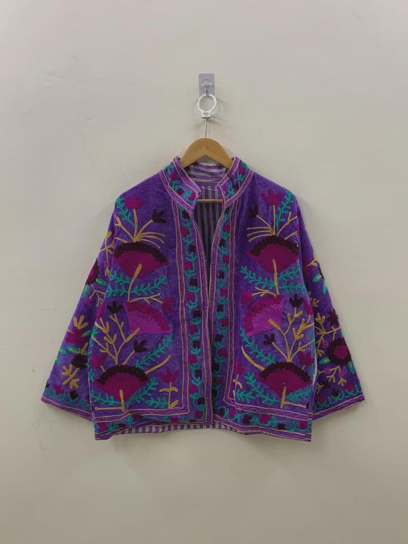 Brown Multi coloured Velvet Suzani Embroidered Kimono Jacket | Boho Outerwear Dresses For Women Bohozani