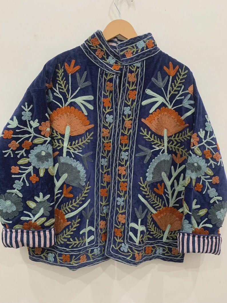 Antique Blue Color Velvet Suzani Jacket – Hand-Embroidered Boho Ethnic Kimono Outerwear Bohozani