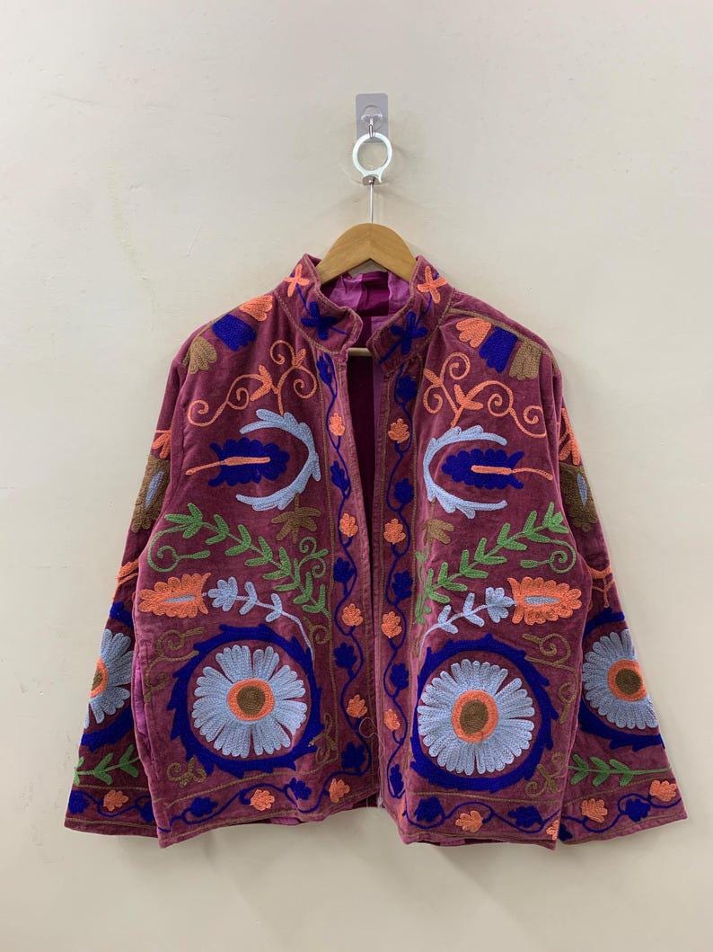 Unique Handmade Floral Velvet Suzani Embroidered Jacket Bohozani