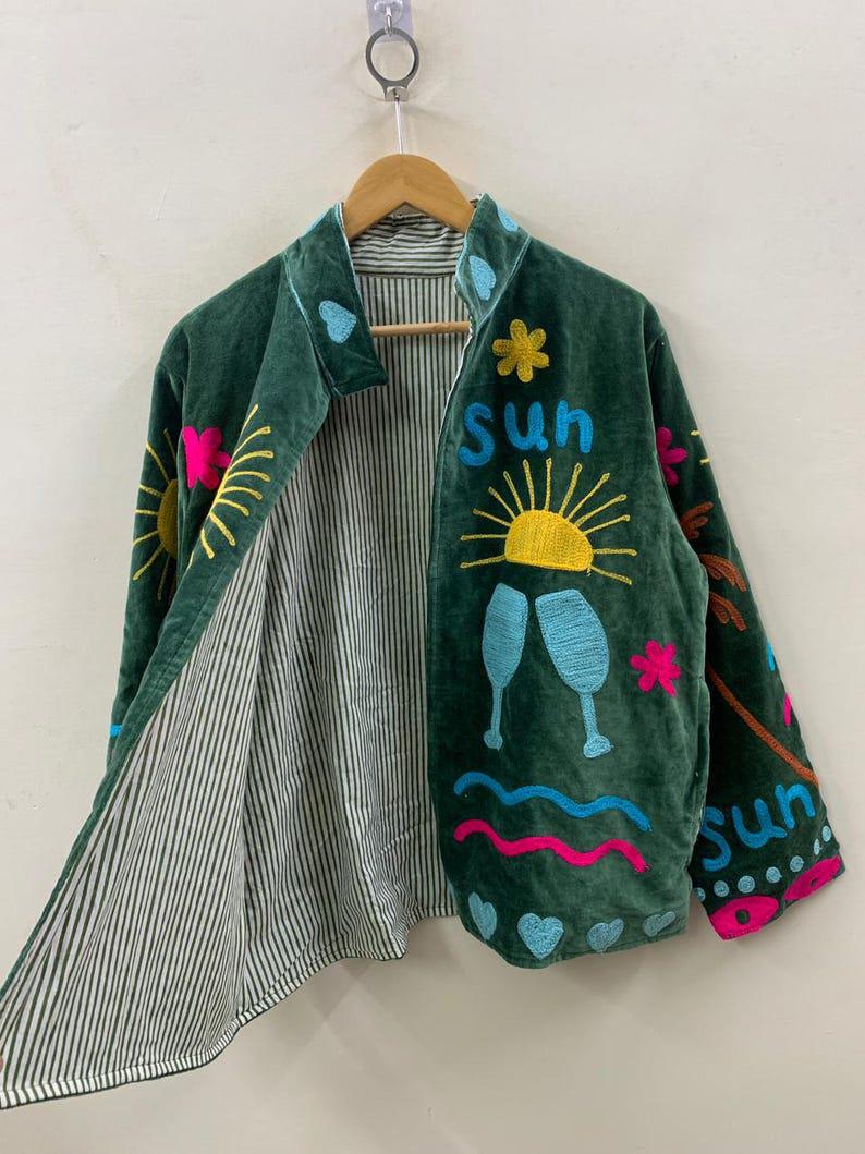 Unique Handmade Sun and Moon Velvet Suzani Embroidered Jacket Bohozani