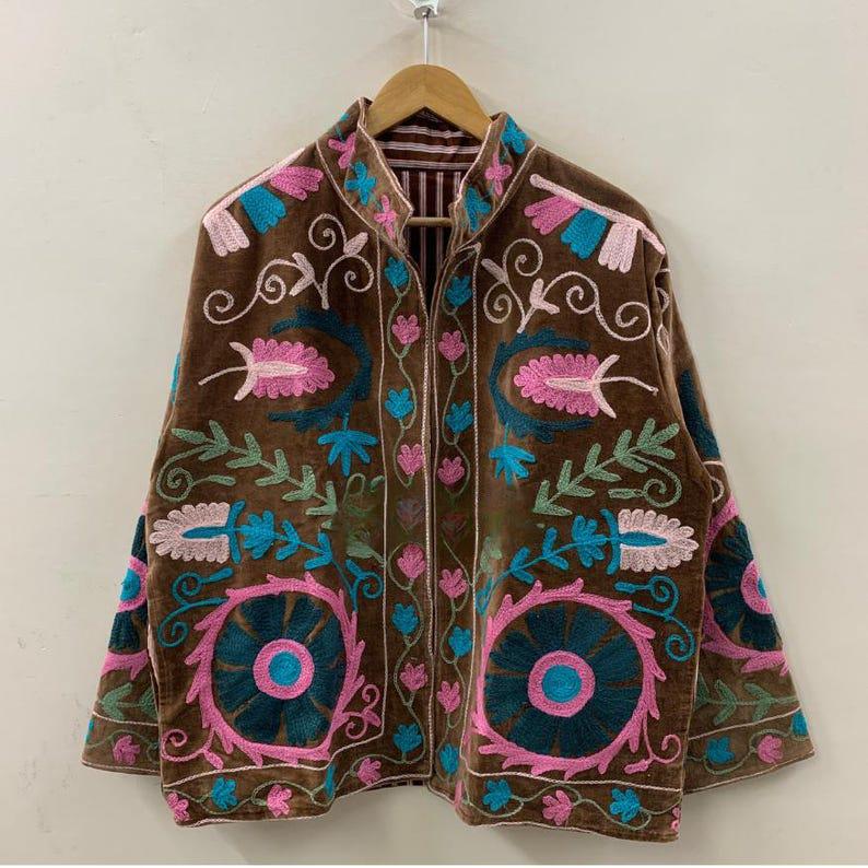 Handmade Suzani Velvet Cropped Jacket | Embroidered Floral Bohemian Coat |Gift For Her Bohozani