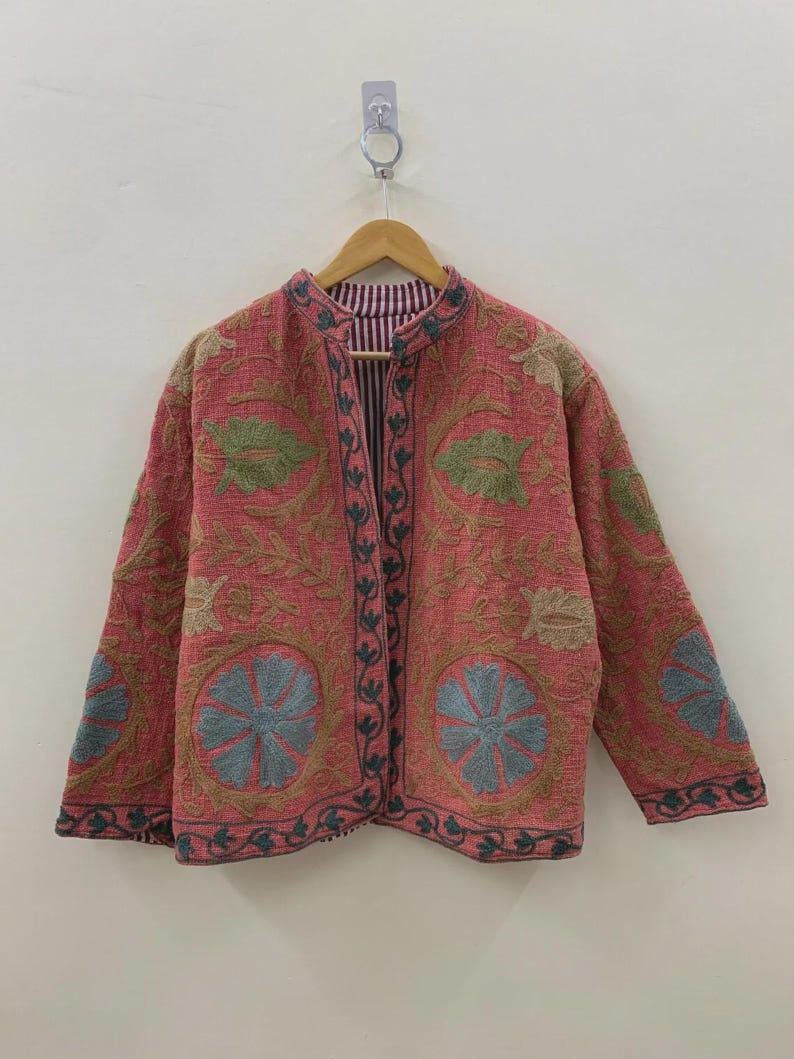Vintage Cotton Suzani Embroidered Jacket | Floral Boho Statement Outerwear Bohozani