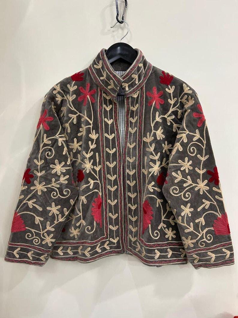 Grey Suzani Boho Jacket – Floral Embroidery Coat, Vintage Textile Jacket, Artisan Handmade Outerwear Bohozani
