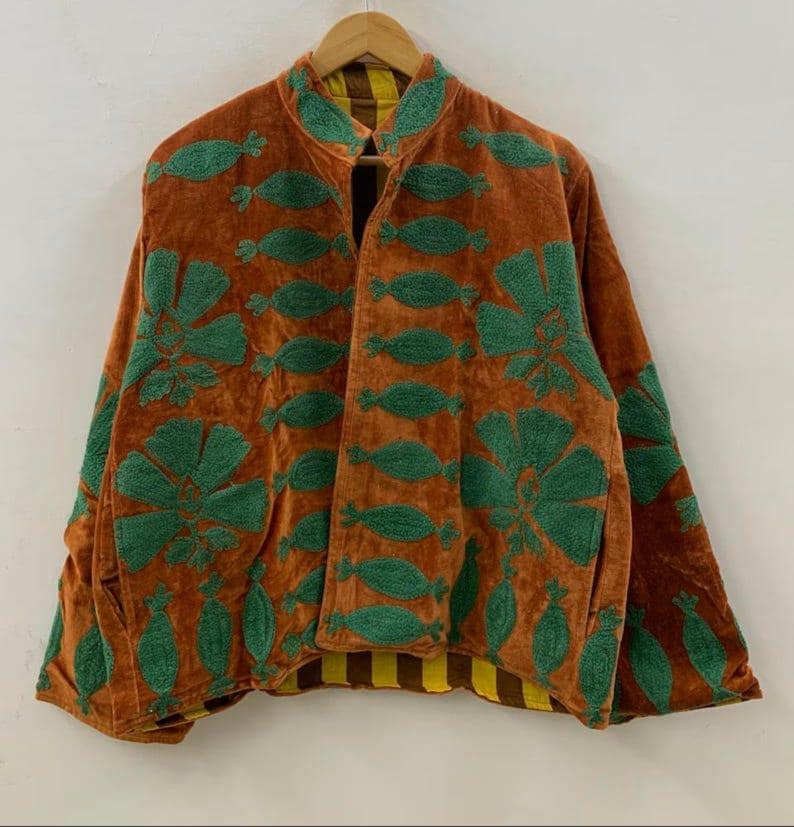 Handmade Velvet Suzani Embroidered Coat | Cropped Boho Ethnic Jacket Bohozani