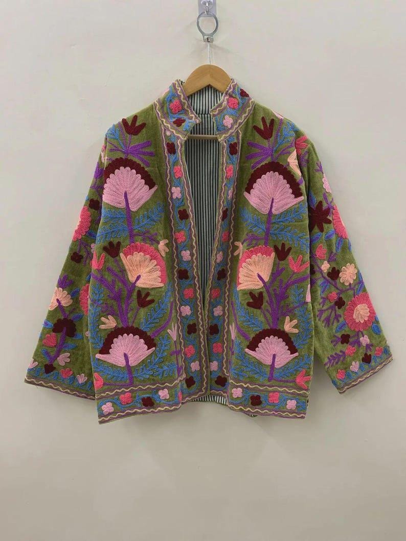 Bohemian Velvet Suzani Floral Embroidered Cropped Jacket, Hand-Embroidered Uzbek Motifs Bohozani