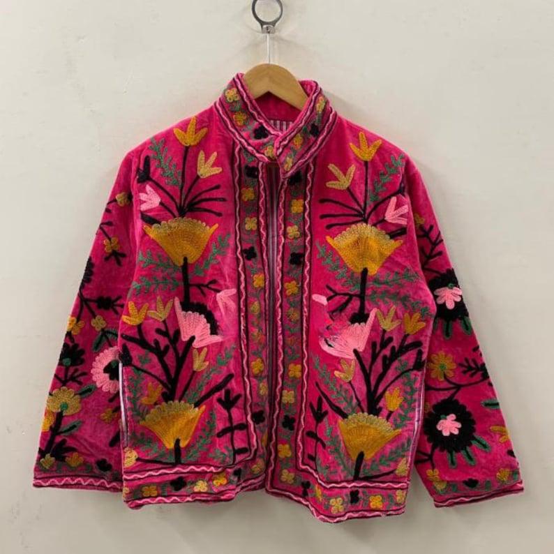 Handmade Floral Velvet Suzani Embroidered Jacket Bohozani