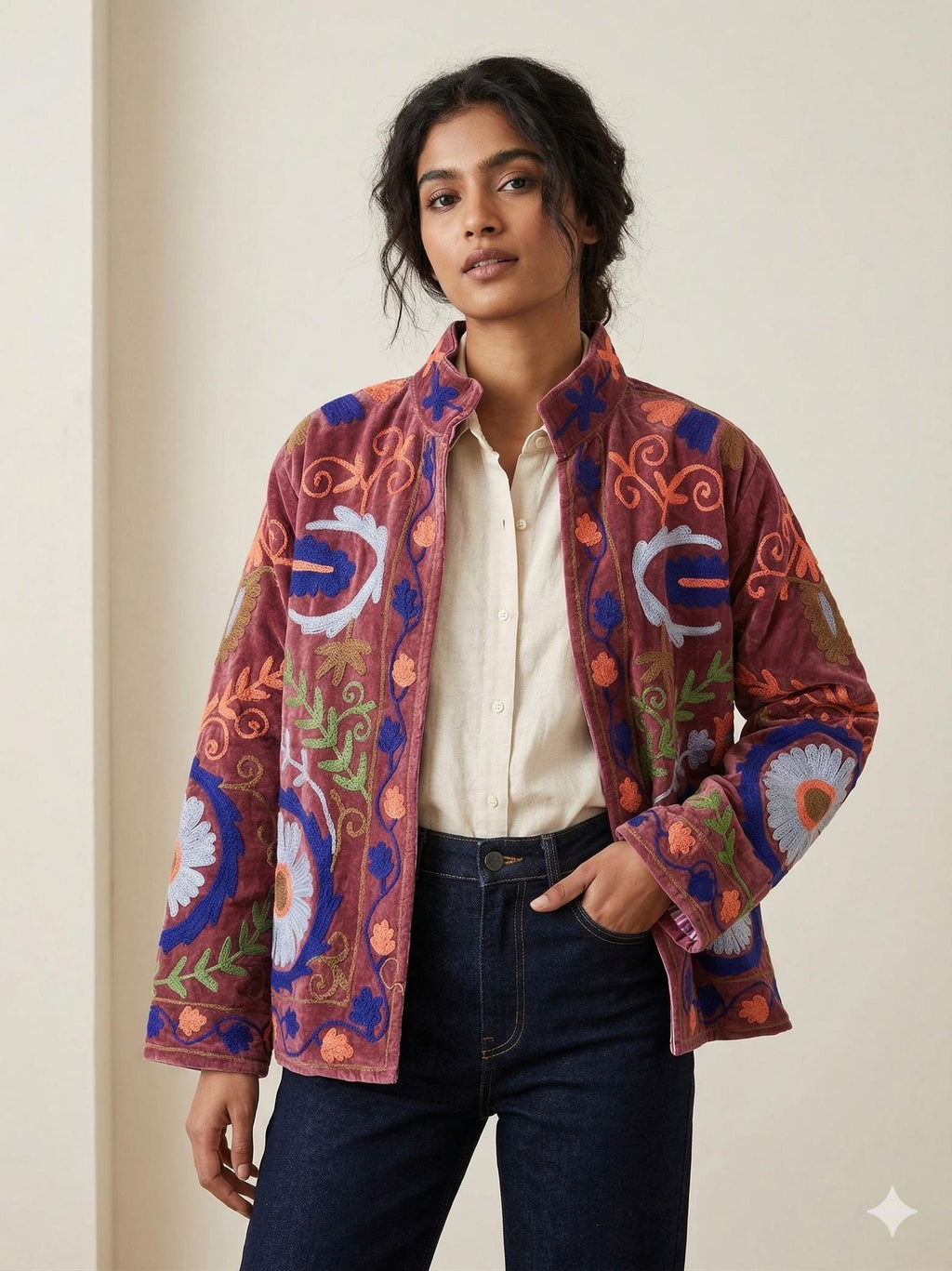 Unique Handmade Floral Velvet Suzani Embroidered Jacket Bohozani