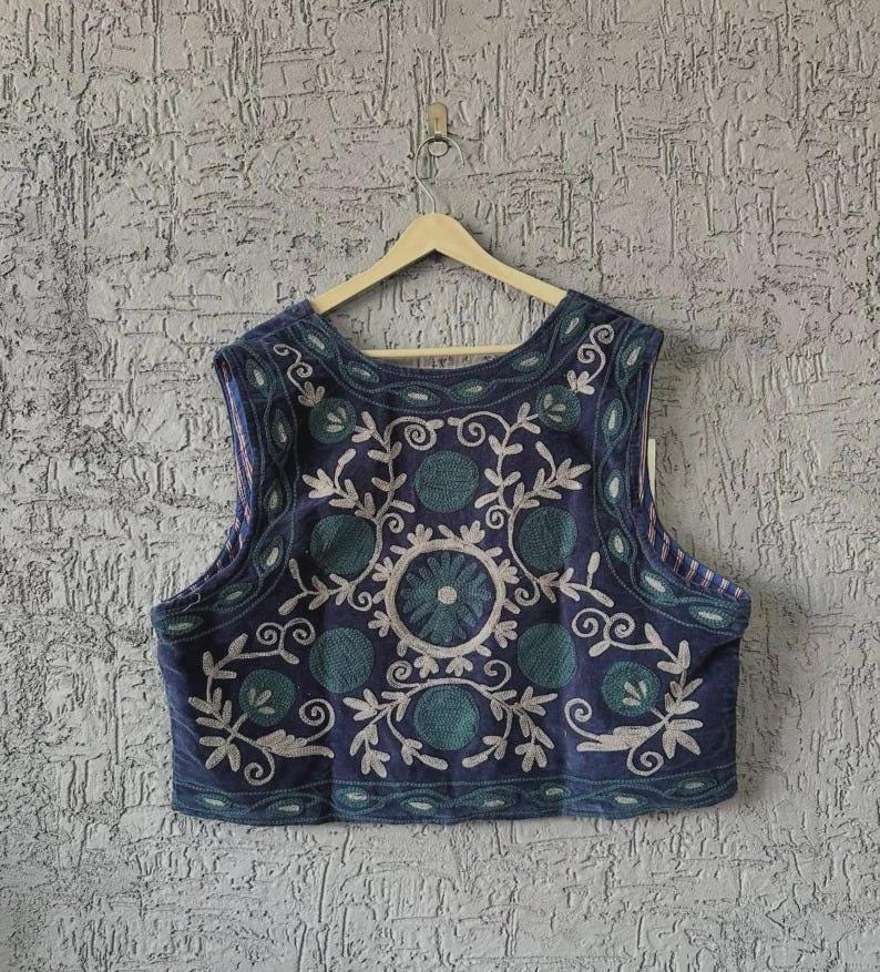 Handmade Suzani Velvet Vest | Embroidered Boho Jacket, Cotton Lined Ethnic Wear Bohozani