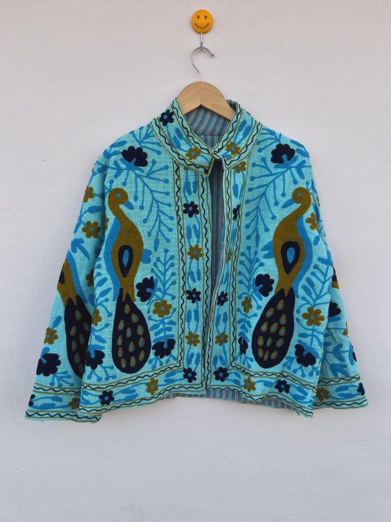 Peacock Embroidered Suzani Jacket | Vibrant Boho Duster | Gift For Her Bohozani