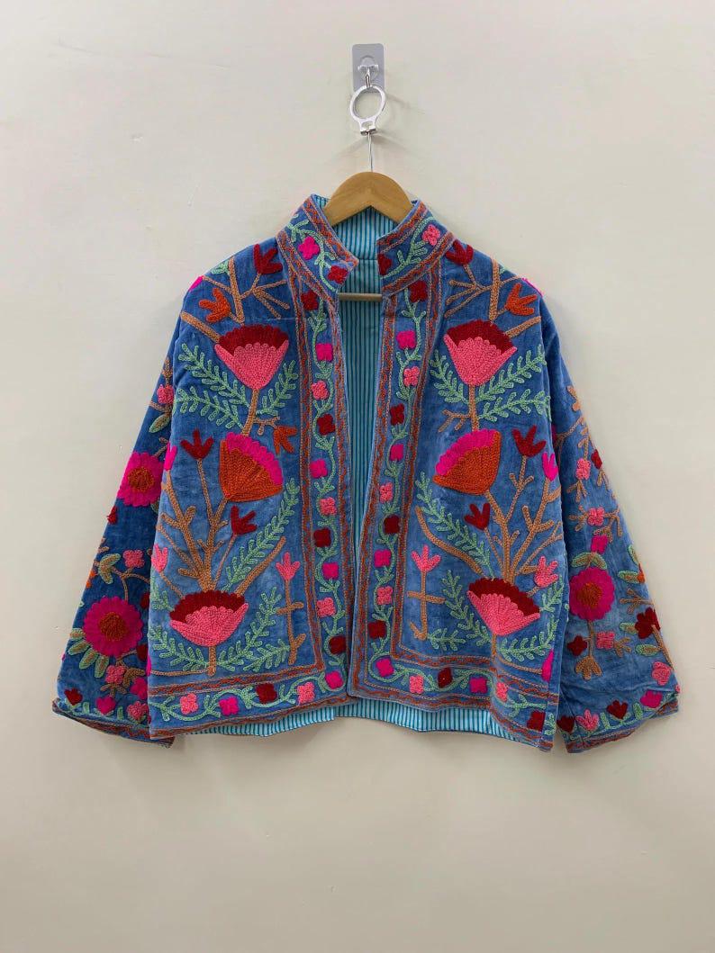 Black Velvet Suzani Embroidered Kimono Jacket | Boho Outerwear Bohozani