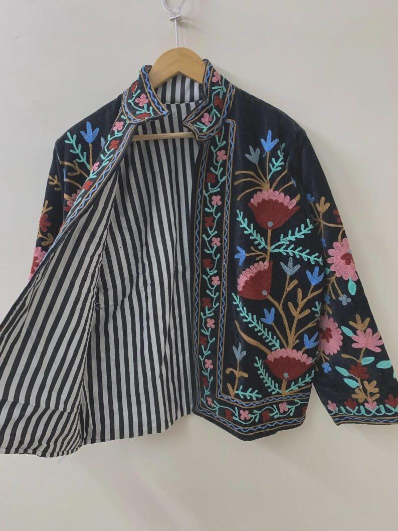 Bohemian Suzani Embroidered Velvet Jacket | Short Floral Ethnic Kimono Coat Bohozani