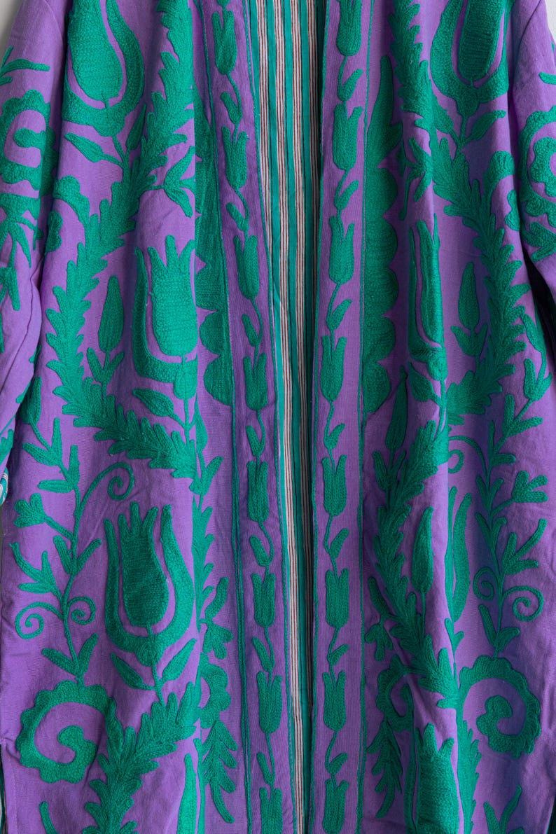 Purple Hand Embroidered Suzani Kaftan – Organic Cotton Boho Kimono Coat Bohozani