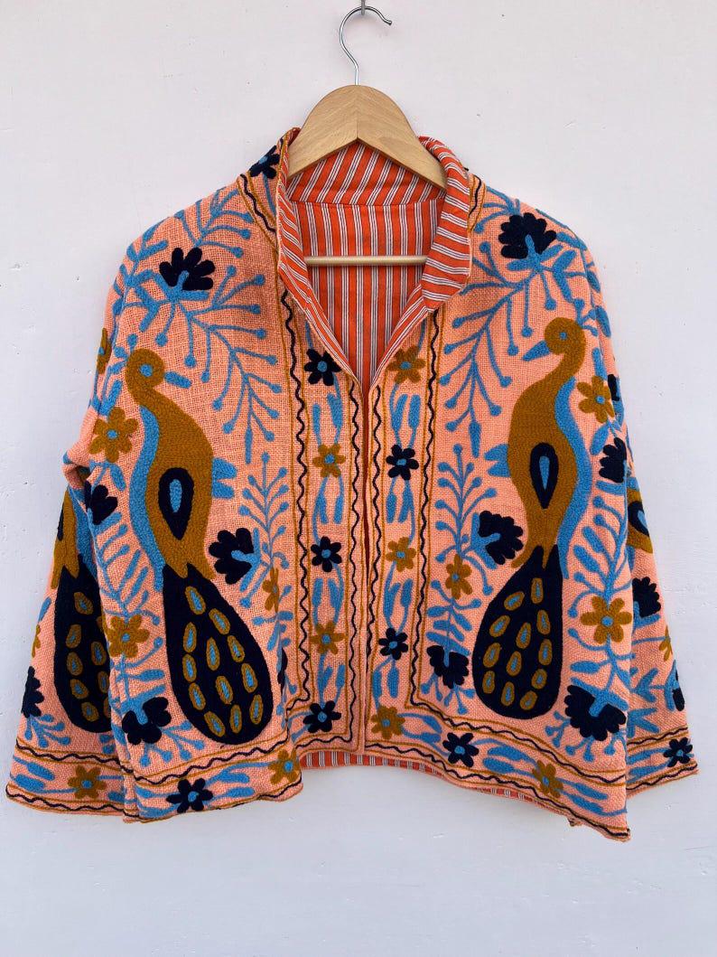 Peacock Embroidered Suzani Short Jacket | Vibrant Boho Duster | Gift For Her Bohozani